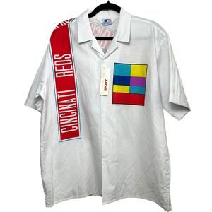 NWT Vintage 80s MLB Cincinnati Reds Geometric Print Button Shirt L Baseball